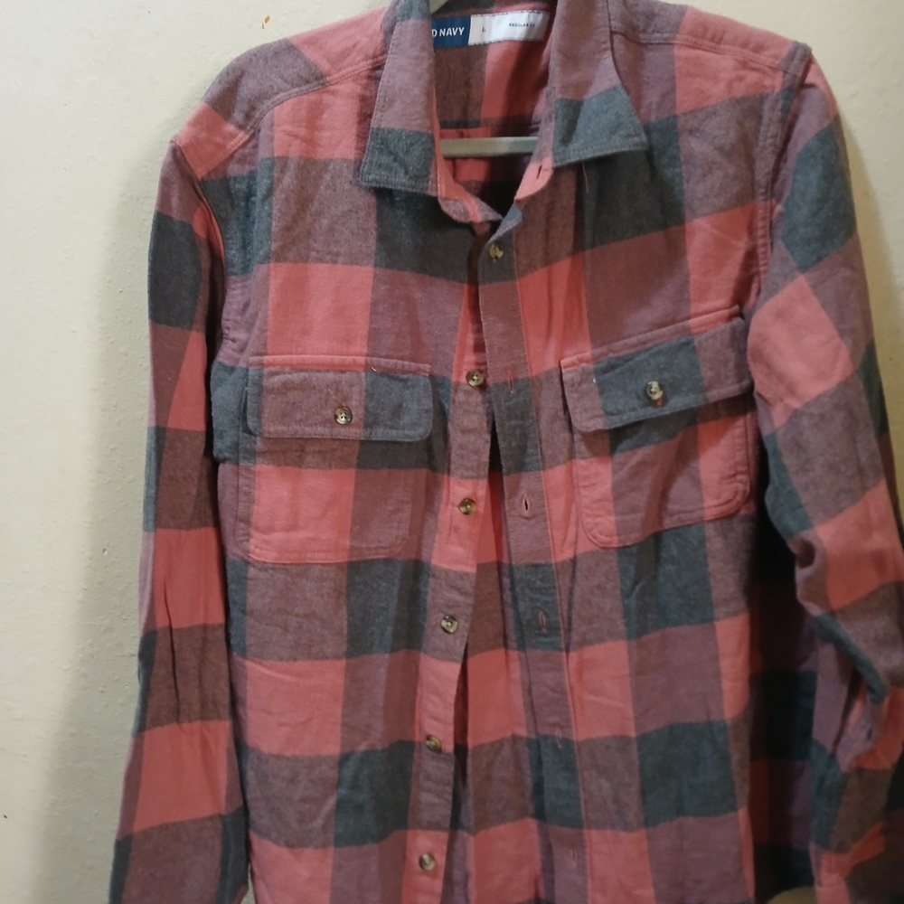Old Navy Orange And Black P L A I D Long Sleeve With Pockets Button Large